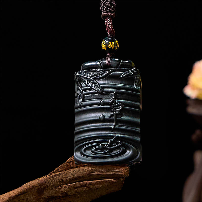 Wear FengShui Natural Black Obsidian Bamboo Fulfillment Necklace Pendant