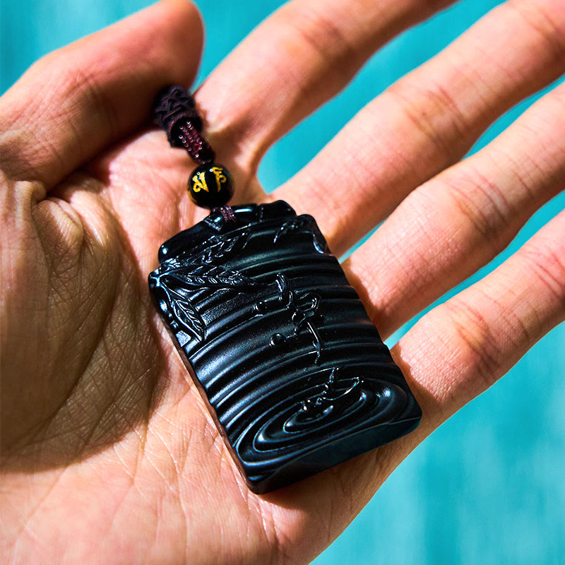 Wear FengShui Natural Black Obsidian Bamboo Fulfillment Necklace Pendant