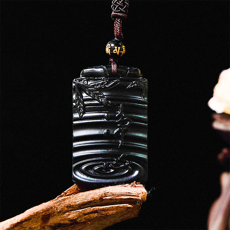 Wear FengShui Natural Black Obsidian Bamboo Fulfillment Necklace Pendant
