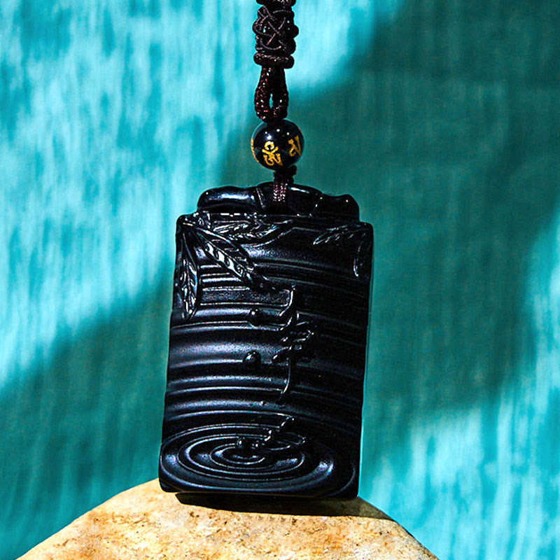 Wear FengShui Natural Black Obsidian Bamboo Fulfillment Necklace Pendant