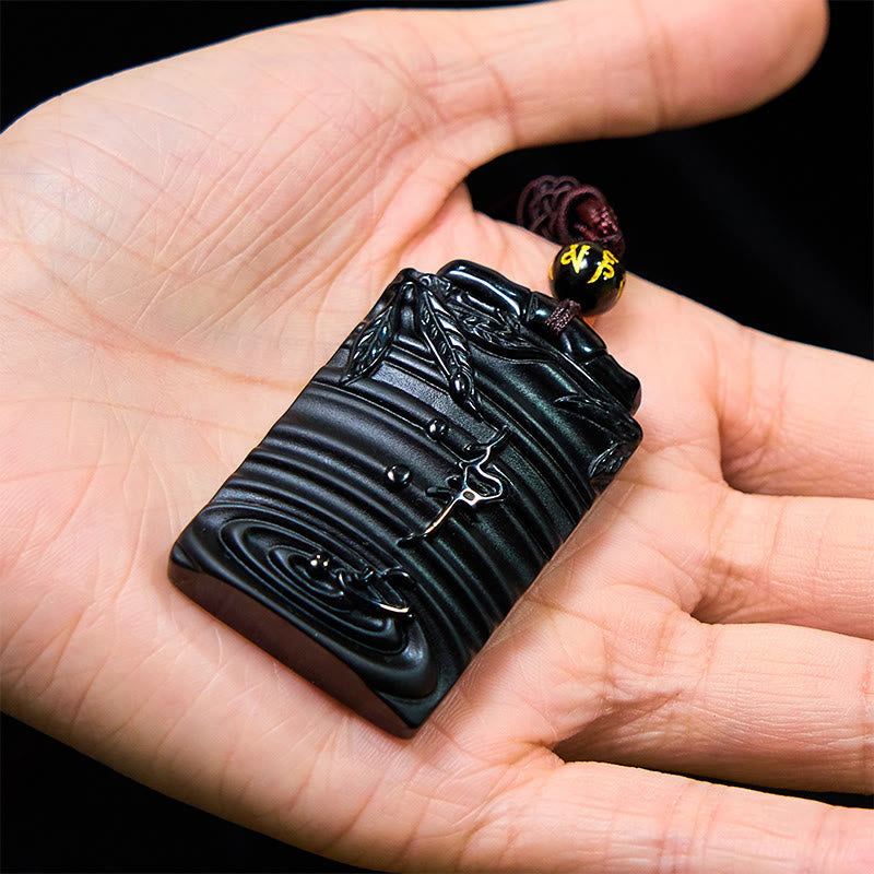 Wear FengShui Natural Black Obsidian Bamboo Fulfillment Necklace Pendant