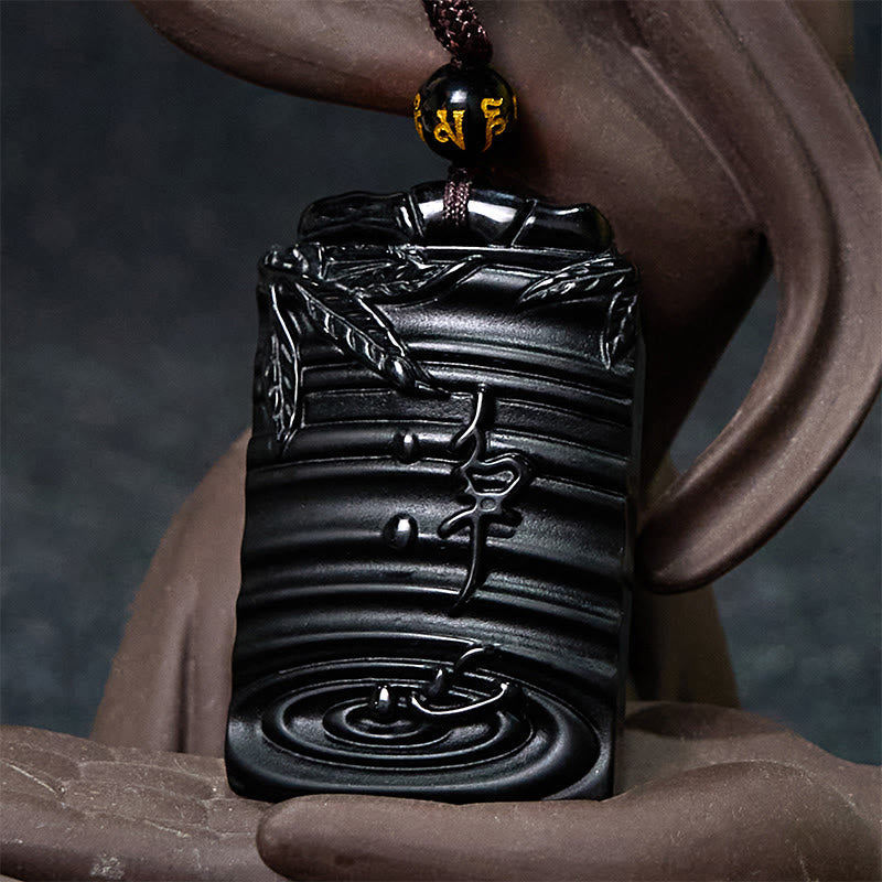 Wear FengShui Natural Black Obsidian Bamboo Fulfillment Necklace Pendant