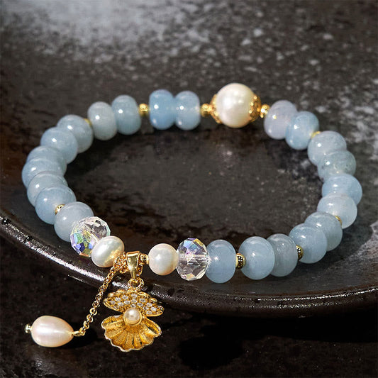 Wear FengShui Natural Aquamarine Pearl Shell Healing Bead Bracelet