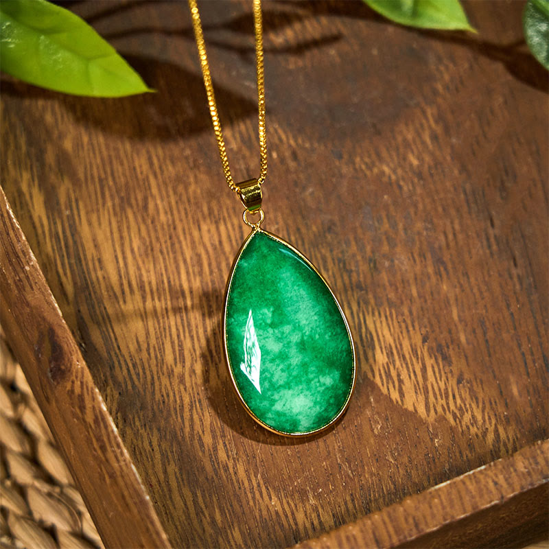 Wear FengShui Green Jade Water Drop Pattern Abundance Necklace Pendant