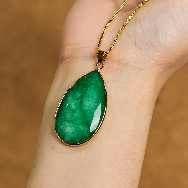 Wear FengShui Green Jade Water Drop Pattern Abundance Necklace Pendant