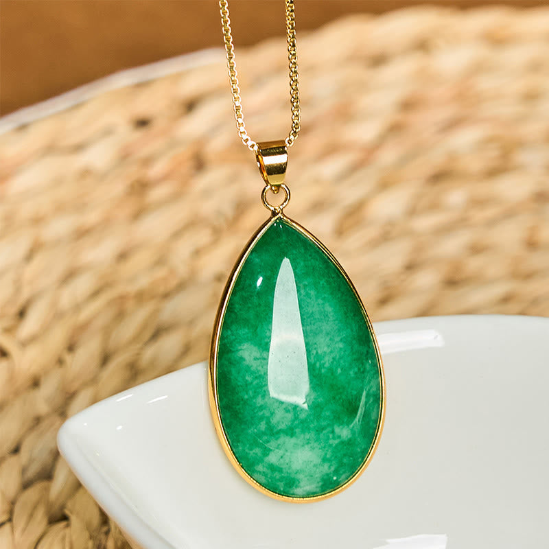 Wear FengShui Green Jade Water Drop Pattern Abundance Necklace Pendant
