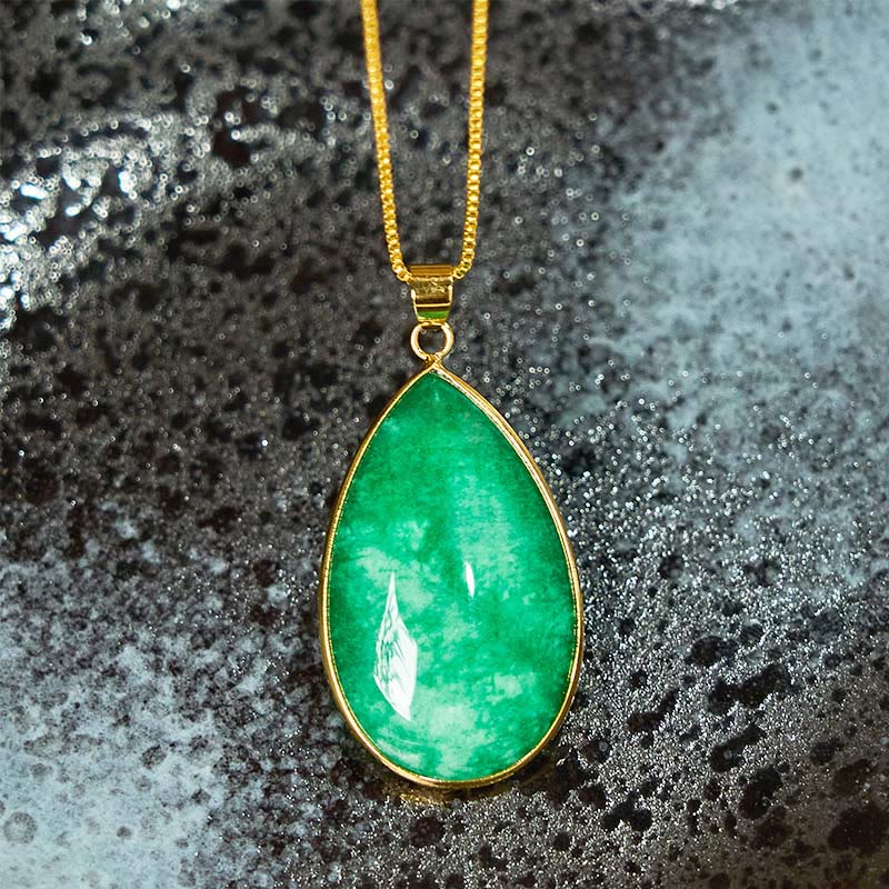 Wear FengShui Green Jade Water Drop Pattern Abundance Necklace Pendant
