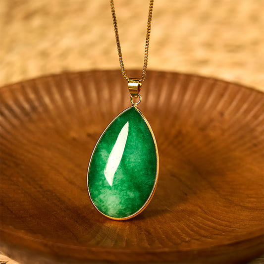 Wear FengShui Green Jade Water Drop Pattern Abundance Necklace Pendant