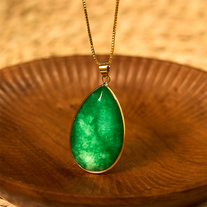 Wear FengShui Green Jade Water Drop Pattern Abundance Necklace Pendant