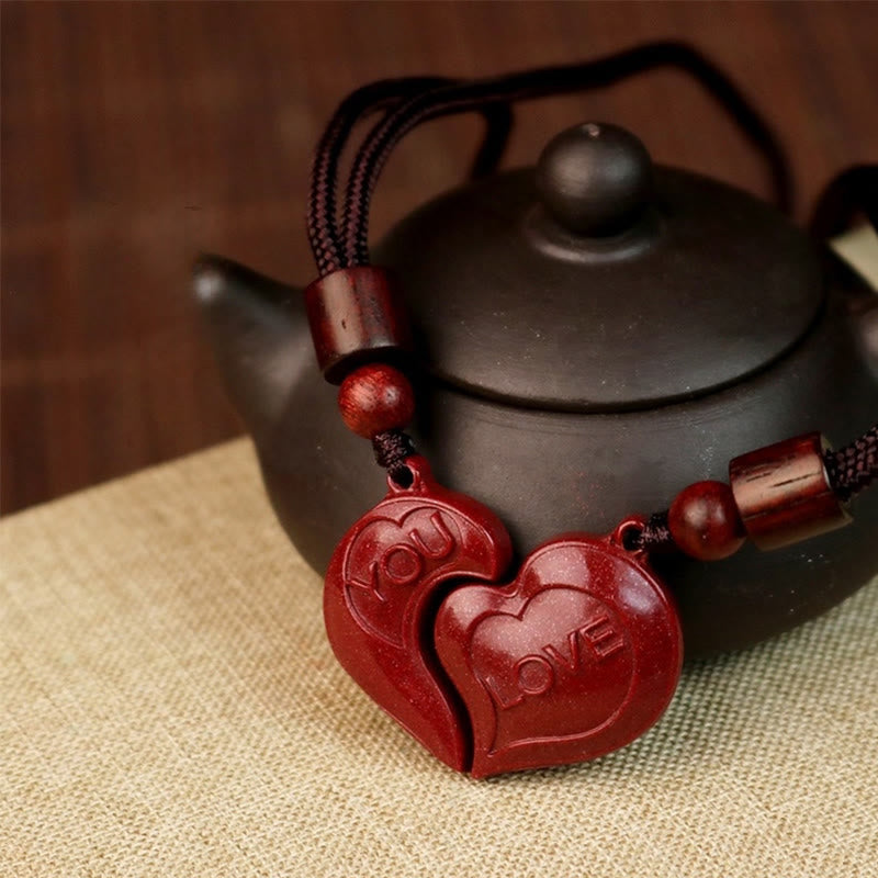Wear FengShui 2Pcs LOVE YOU Natural Cinnabar Love Heart String Blessing Couple Necklace Pendant