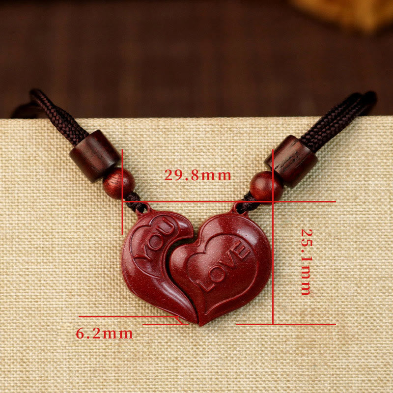 Wear FengShui 2Pcs LOVE YOU Natural Cinnabar Love Heart String Blessing Couple Necklace Pendant