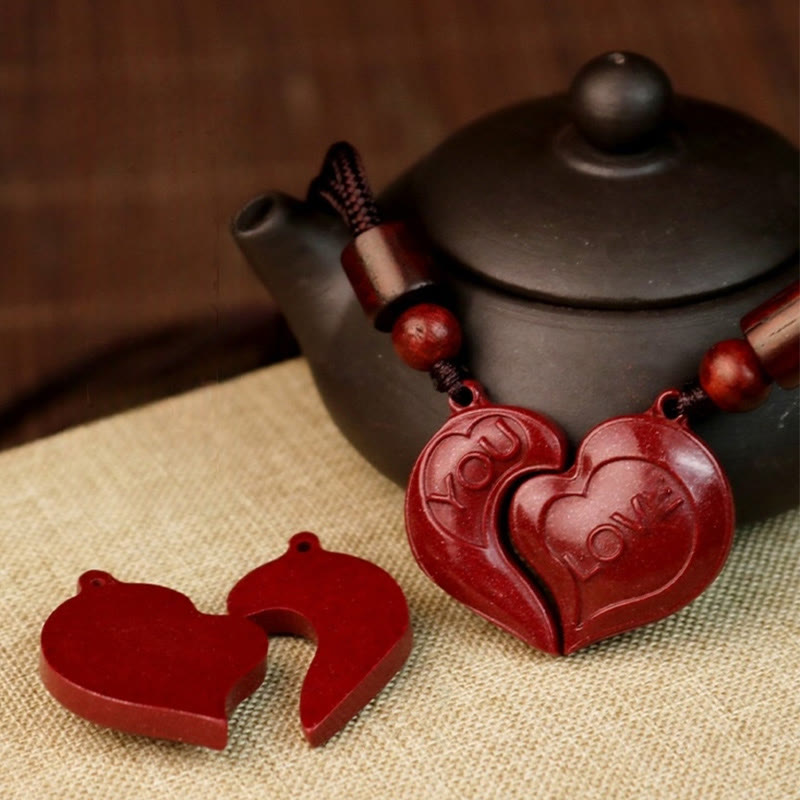 Wear FengShui 2Pcs LOVE YOU Natural Cinnabar Love Heart String Blessing Couple Necklace Pendant