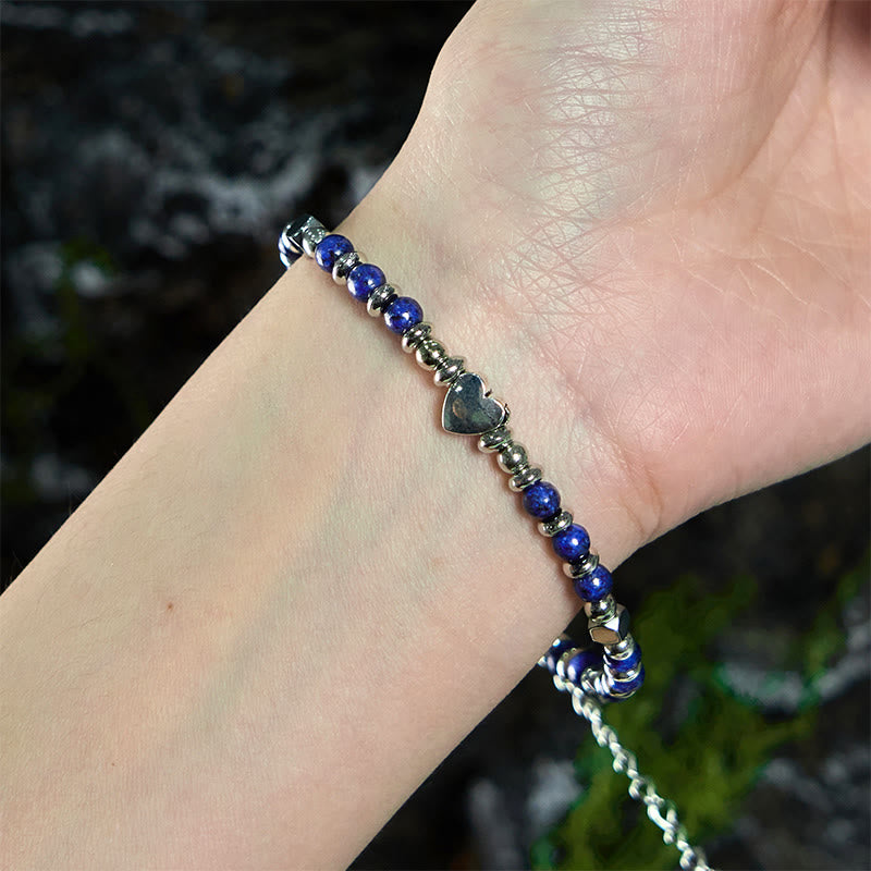 Wear FengShui Natural Stone Amazonite Amethyst Lazurite Rose Quartz Heart Positive Balance Bracelet