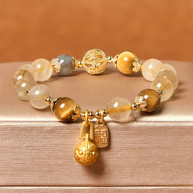 Wear FengShui Natural Rutilated Quartz Fu Character Metal Swallowing Beast Auspiciousness Bracelet