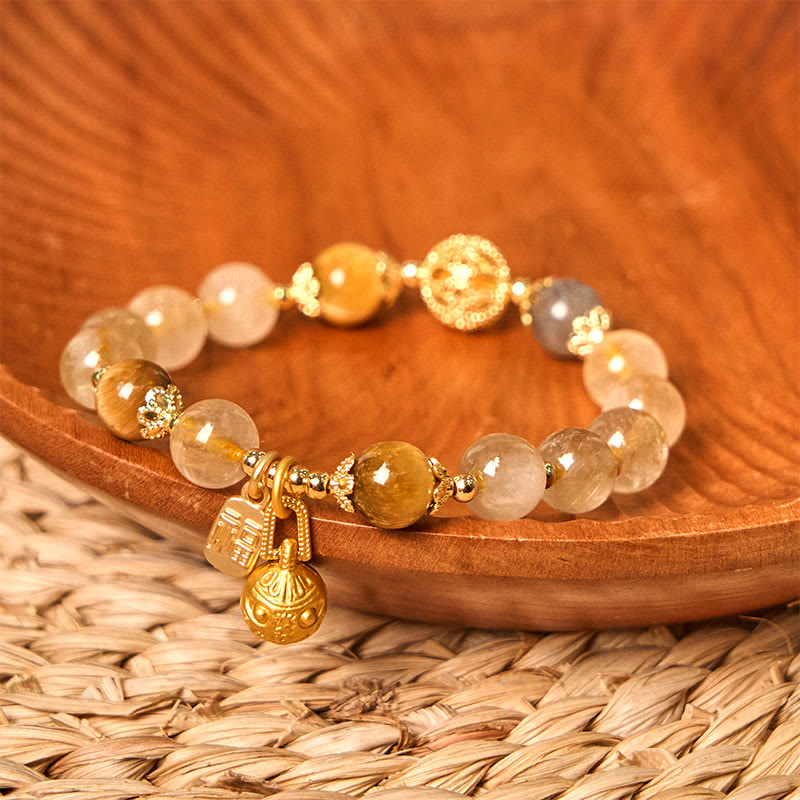 Wear FengShui Natural Rutilated Quartz Fu Character Metal Swallowing Beast Auspiciousness Bracelet