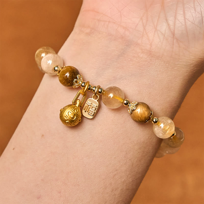 Wear FengShui Natural Rutilated Quartz Fu Character Metal Swallowing Beast Auspiciousness Bracelet