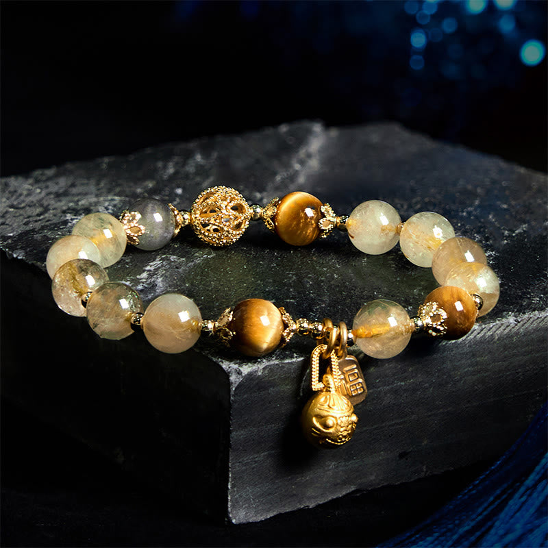 Wear FengShui Natural Rutilated Quartz Fu Character Metal Swallowing Beast Auspiciousness Bracelet