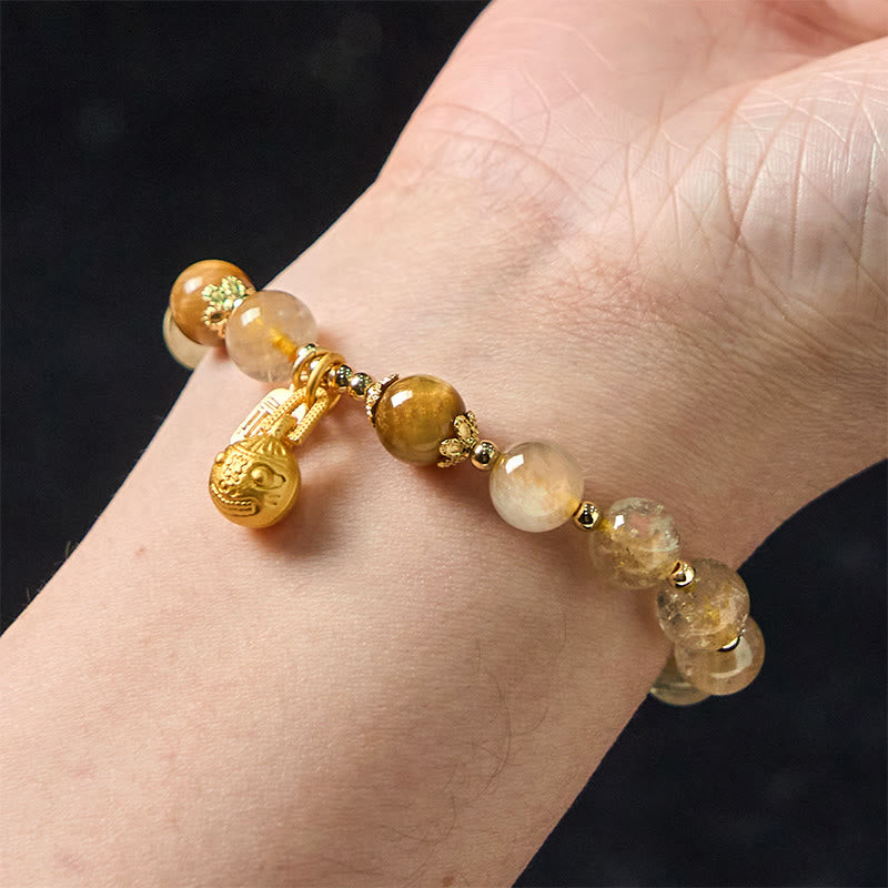 Wear FengShui Natural Rutilated Quartz Fu Character Metal Swallowing Beast Auspiciousness Bracelet