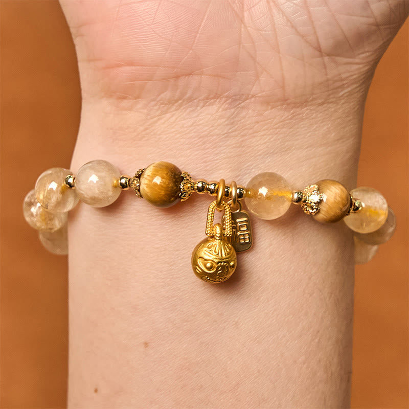Wear FengShui Natural Rutilated Quartz Fu Character Metal Swallowing Beast Auspiciousness Bracelet