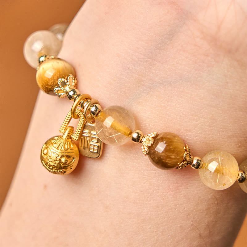 Wear FengShui Natural Rutilated Quartz Fu Character Metal Swallowing Beast Auspiciousness Bracelet