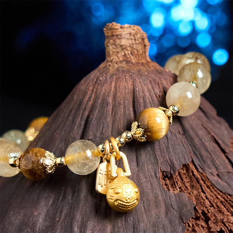 Wear FengShui Natural Rutilated Quartz Fu Character Metal Swallowing Beast Auspiciousness Bracelet