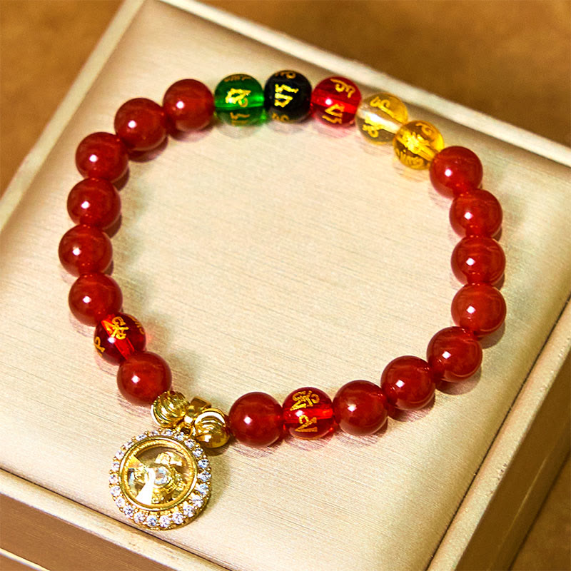 Wear FengShui Red Agate Om Mani Padme Hum Five Directions Gods of Wealth Zircon Cyclone Charm Self-acceptance Bracelet
