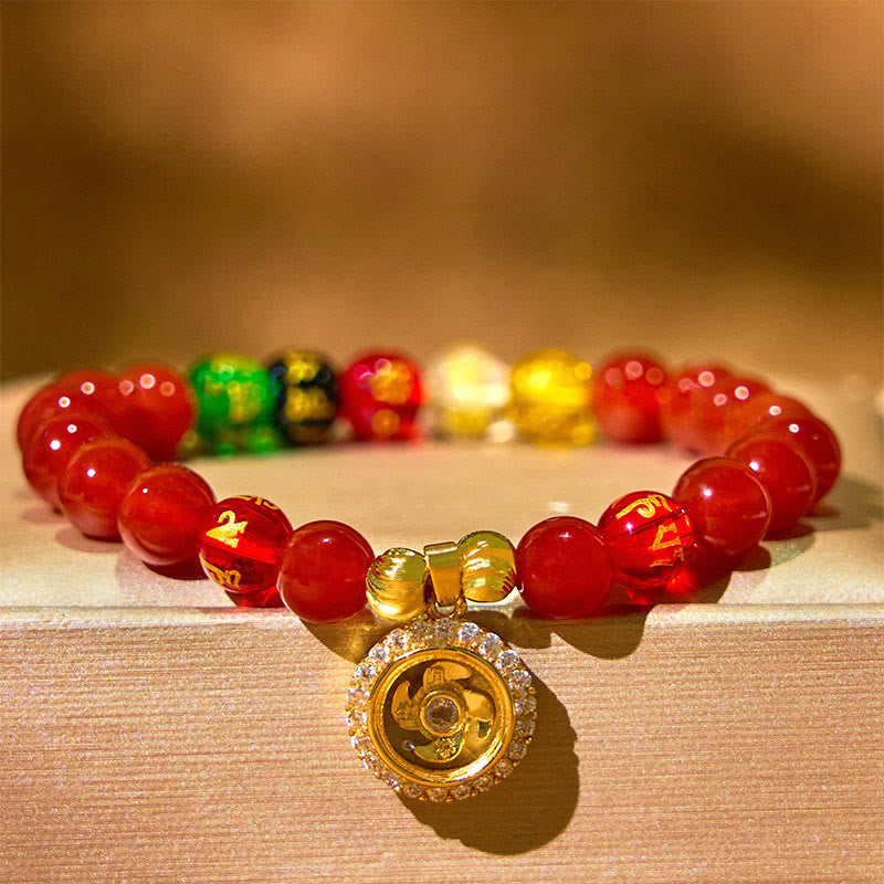 Wear FengShui Red Agate Om Mani Padme Hum Five Directions Gods of Wealth Zircon Cyclone Charm Self-acceptance Bracelet