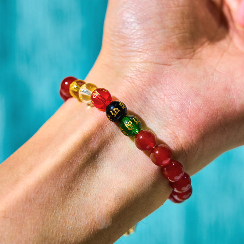 Wear FengShui Red Agate Om Mani Padme Hum Five Directions Gods of Wealth Zircon Cyclone Charm Self-acceptance Bracelet