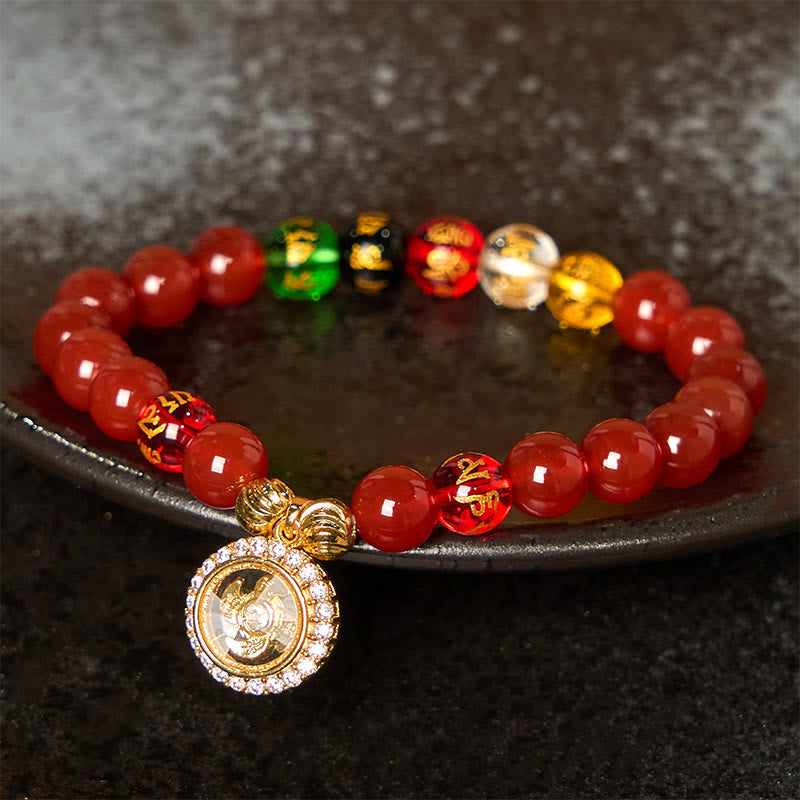 Wear FengShui Red Agate Om Mani Padme Hum Five Directions Gods of Wealth Zircon Cyclone Charm Self-acceptance Bracelet
