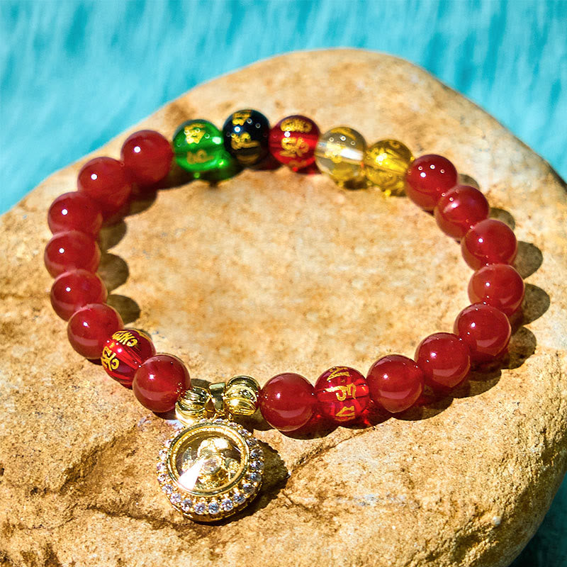 Wear FengShui Red Agate Om Mani Padme Hum Five Directions Gods of Wealth Zircon Cyclone Charm Self-acceptance Bracelet
