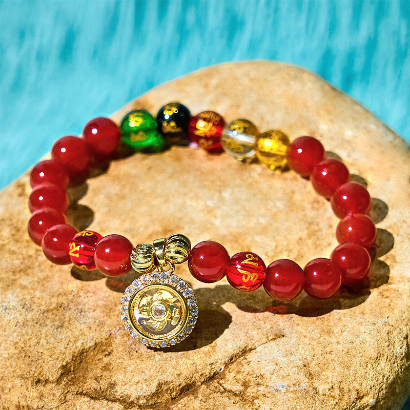 Wear FengShui Red Agate Om Mani Padme Hum Five Directions Gods of Wealth Zircon Cyclone Charm Self-acceptance Bracelet