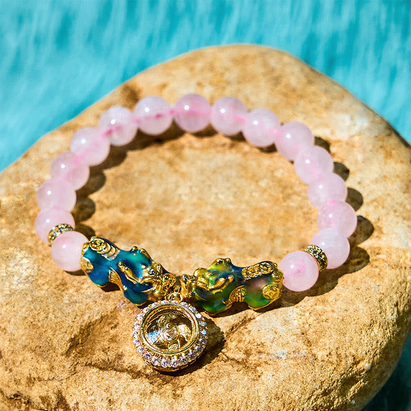 Wear FengShui Pink Crystal Color Change Double PiXiu Cyclone Charm Warmth Bracelet