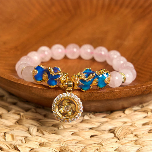 Wear FengShui Pink Crystal Color Change Double PiXiu Cyclone Charm Warmth Bracelet