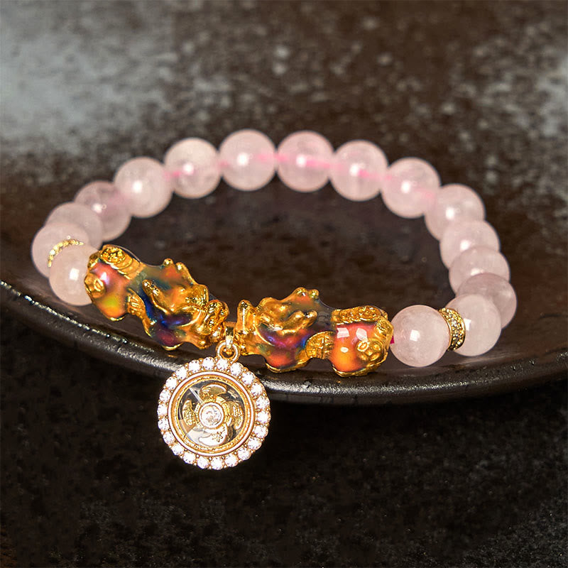 Wear FengShui Pink Crystal Color Change Double PiXiu Cyclone Charm Warmth Bracelet