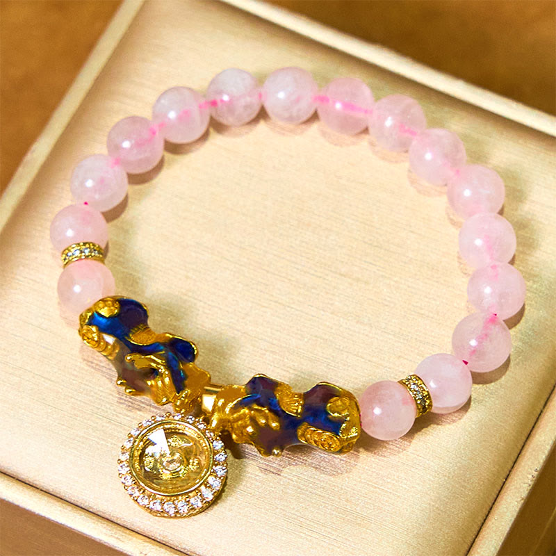 Wear FengShui Pink Crystal Color Change Double PiXiu Cyclone Charm Warmth Bracelet