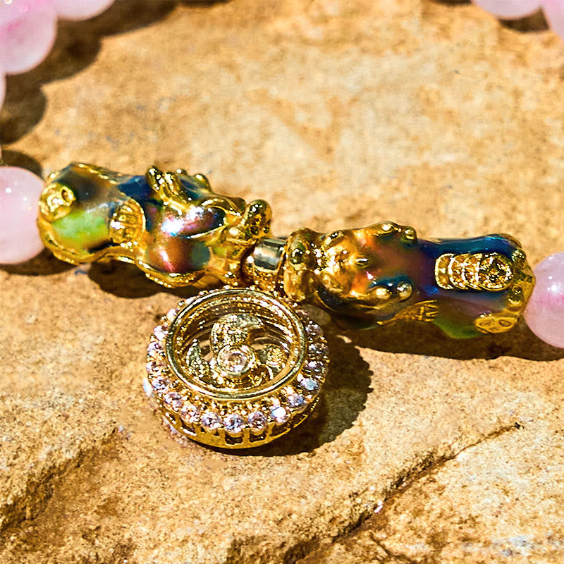 Wear FengShui Pink Crystal Color Change Double PiXiu Cyclone Charm Warmth Bracelet