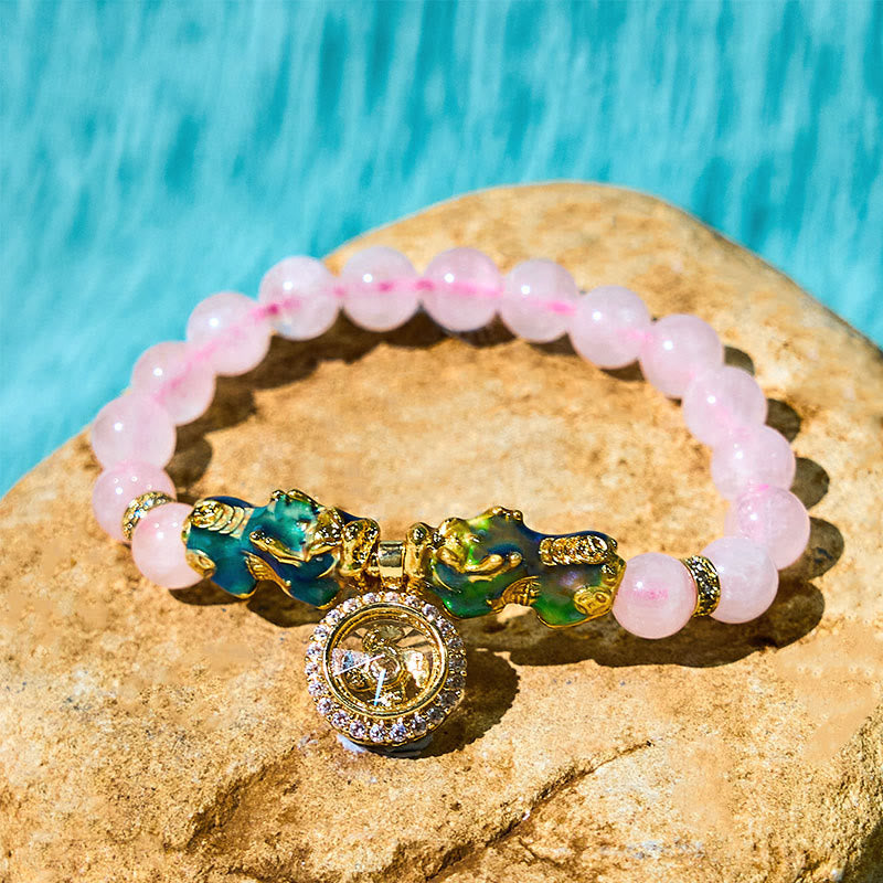 Wear FengShui Pink Crystal Color Change Double PiXiu Cyclone Charm Warmth Bracelet