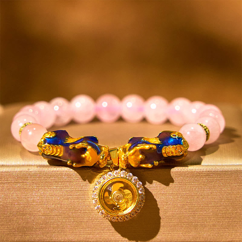 Wear FengShui Pink Crystal Color Change Double PiXiu Cyclone Charm Warmth Bracelet