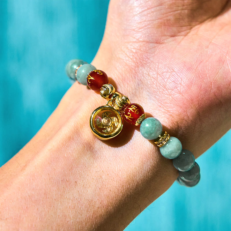 Wear FengShui Natural Green Jade Om Mani Padme Hum Cyclone Charm Luck Bracelet