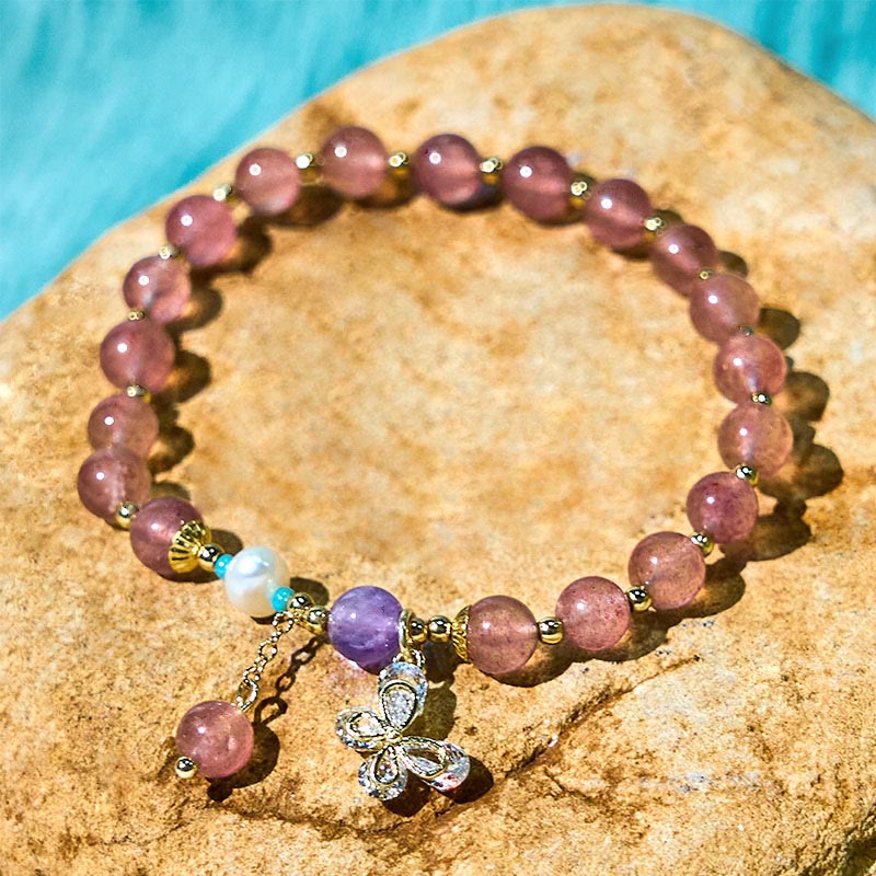 Wear FengShui Natural Strawberry Quartz Green Strawberry Quartz Butterfly Charm Love Bracelet
