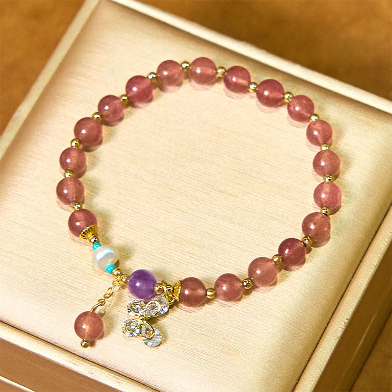 Wear FengShui Natural Strawberry Quartz Green Strawberry Quartz Butterfly Charm Love Bracelet