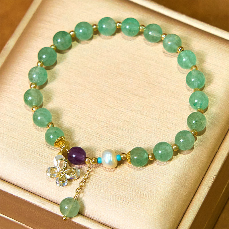 Wear FengShui Natural Strawberry Quartz Green Strawberry Quartz Butterfly Charm Love Bracelet