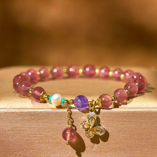 Wear FengShui Natural Strawberry Quartz Green Strawberry Quartz Butterfly Charm Love Bracelet