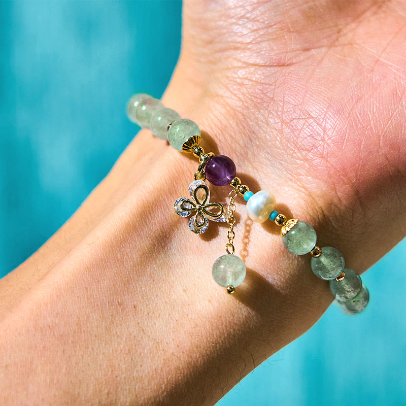 Wear FengShui Natural Strawberry Quartz Green Strawberry Quartz Butterfly Charm Love Bracelet