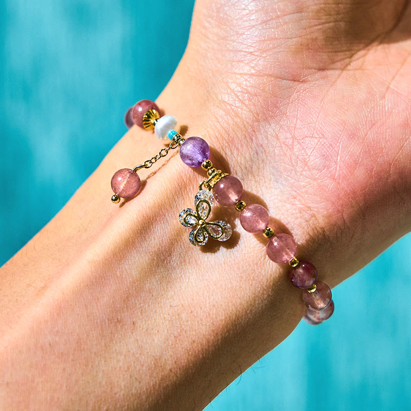 Wear FengShui Natural Strawberry Quartz Green Strawberry Quartz Butterfly Charm Love Bracelet