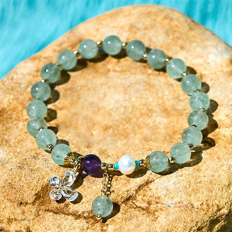 Wear FengShui Natural Strawberry Quartz Green Strawberry Quartz Butterfly Charm Love Bracelet