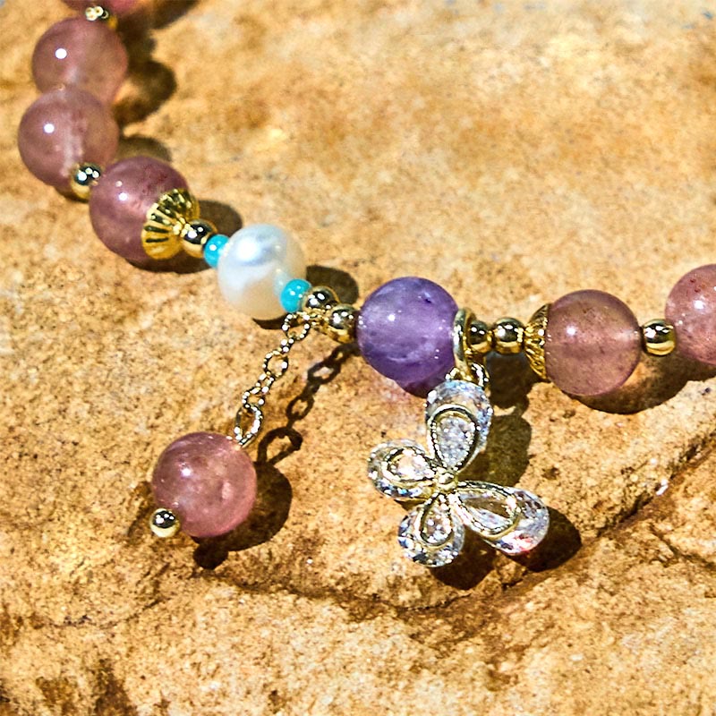 Wear FengShui Natural Strawberry Quartz Green Strawberry Quartz Butterfly Charm Love Bracelet