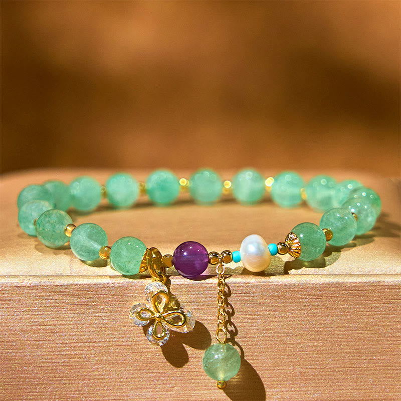 Wear FengShui Natural Strawberry Quartz Green Strawberry Quartz Butterfly Charm Love Bracelet