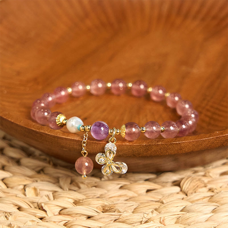 Wear FengShui Natural Strawberry Quartz Green Strawberry Quartz Butterfly Charm Love Bracelet