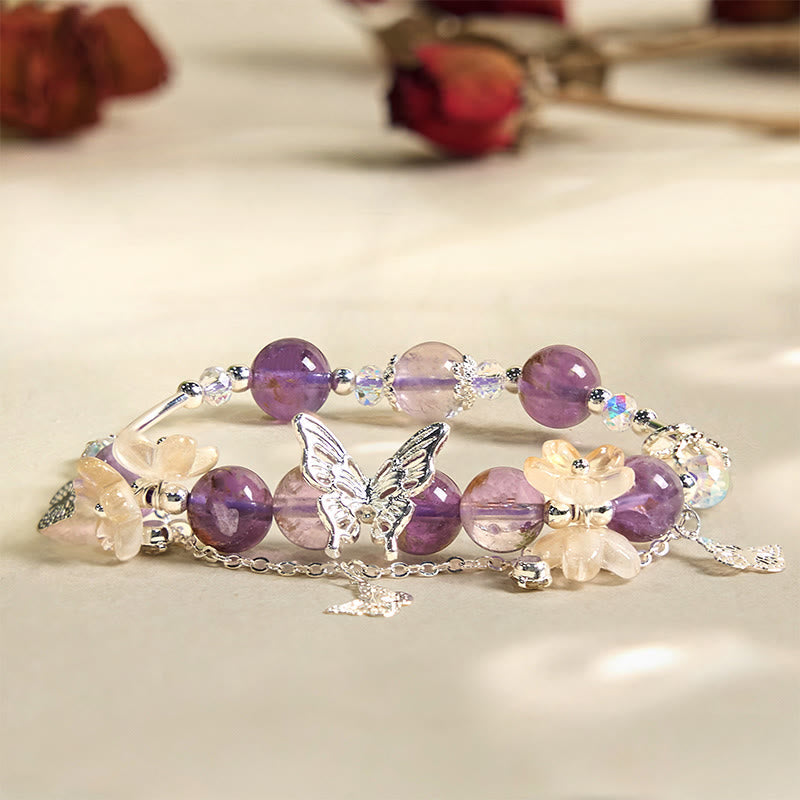 Wear FengShui Natural Purple Phantom Butterfly Flowers Wisdom Bracelet